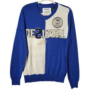 Desigual Mens Blue Colorblock Preppy Embroidered V-Neck Pullover Sweater Medium